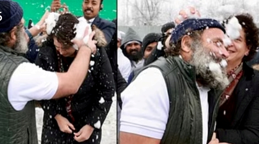 Brother-Sister Photos: Rahul-Priyanka arrived in the valleys of Kashmir ... Seeing the snowfall, threw snow balls at each other