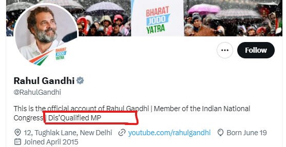 Dis'Qualified MP: Rahul Gandhi changes Twitter bio after becoming an MP