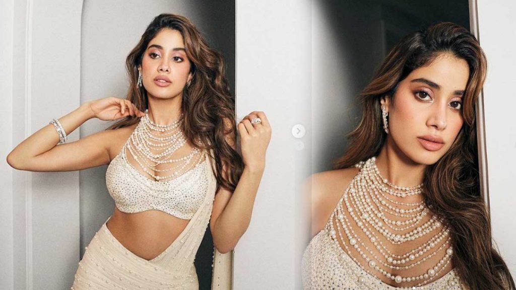 Pearl necklace and matching earrings; Janhvi Kapoor's bold look