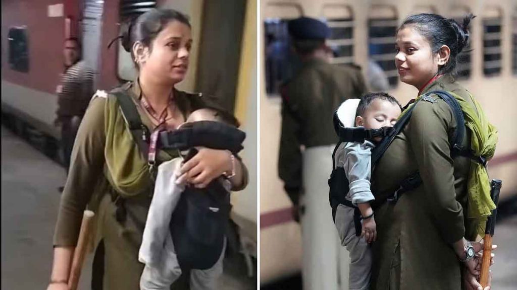 Child in lap and stick in hand…; Salute to the dedication of the woman constable at the railway station