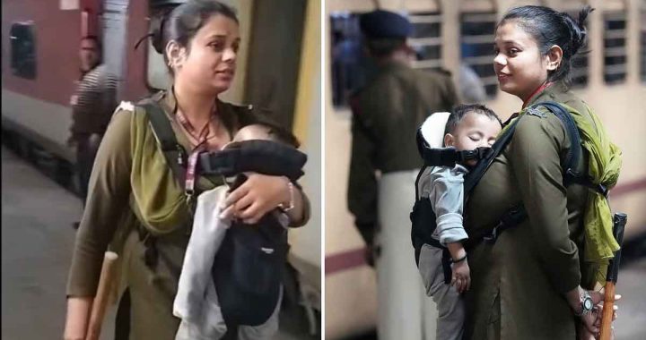 Child in lap and stick in hand…; Salute to the dedication of the woman constable at the railway station