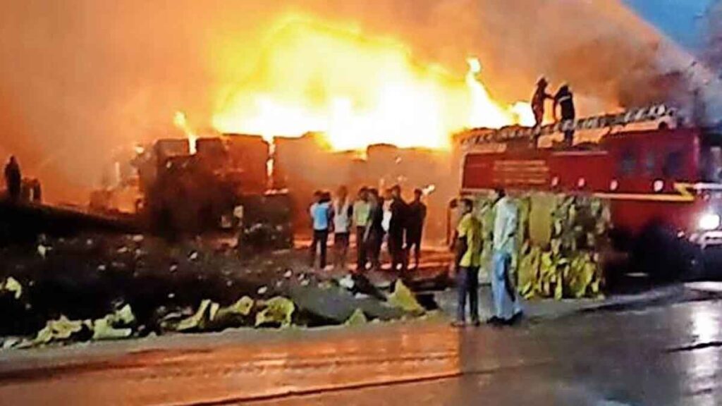 Paper mill company's goods destroyed in fire; the blaze was brought under control after 18 hours.