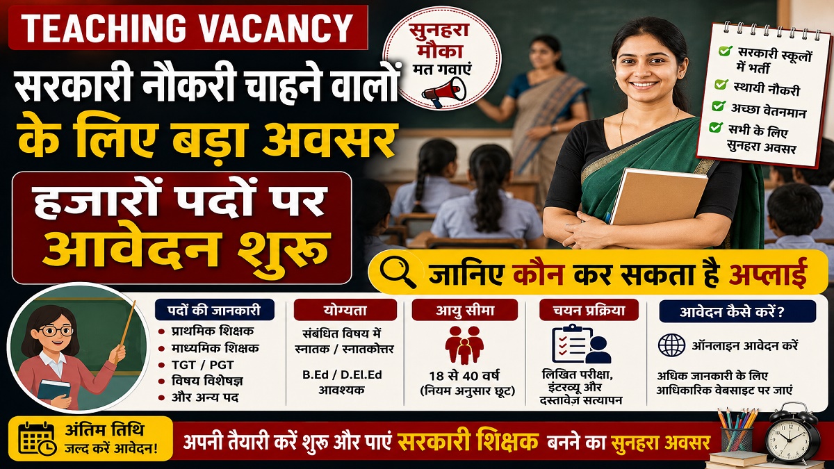 Teaching Vacancy : सरकारी नौकरी चाहने वालों के लिए बड़ा अवसर, हजारों पदों पर आवेदन शुरू, जानिए कौन कर सकता है अप्लाई