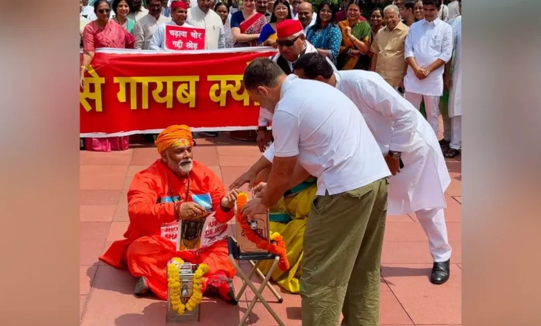 Pappu Yadav dressed as a Hindu priest holding a donation box inside the Parliament complex