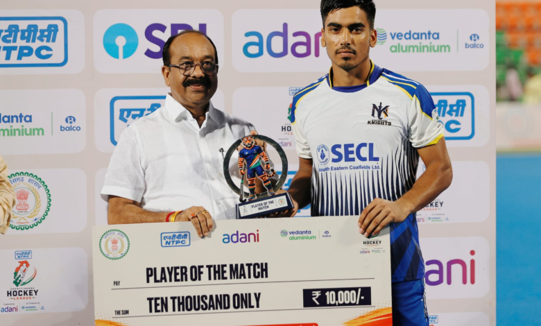 Nyaydhani Knights defeated Sanskardhani Strikers in the 5th match of the Chhattisgarh Hockey League.